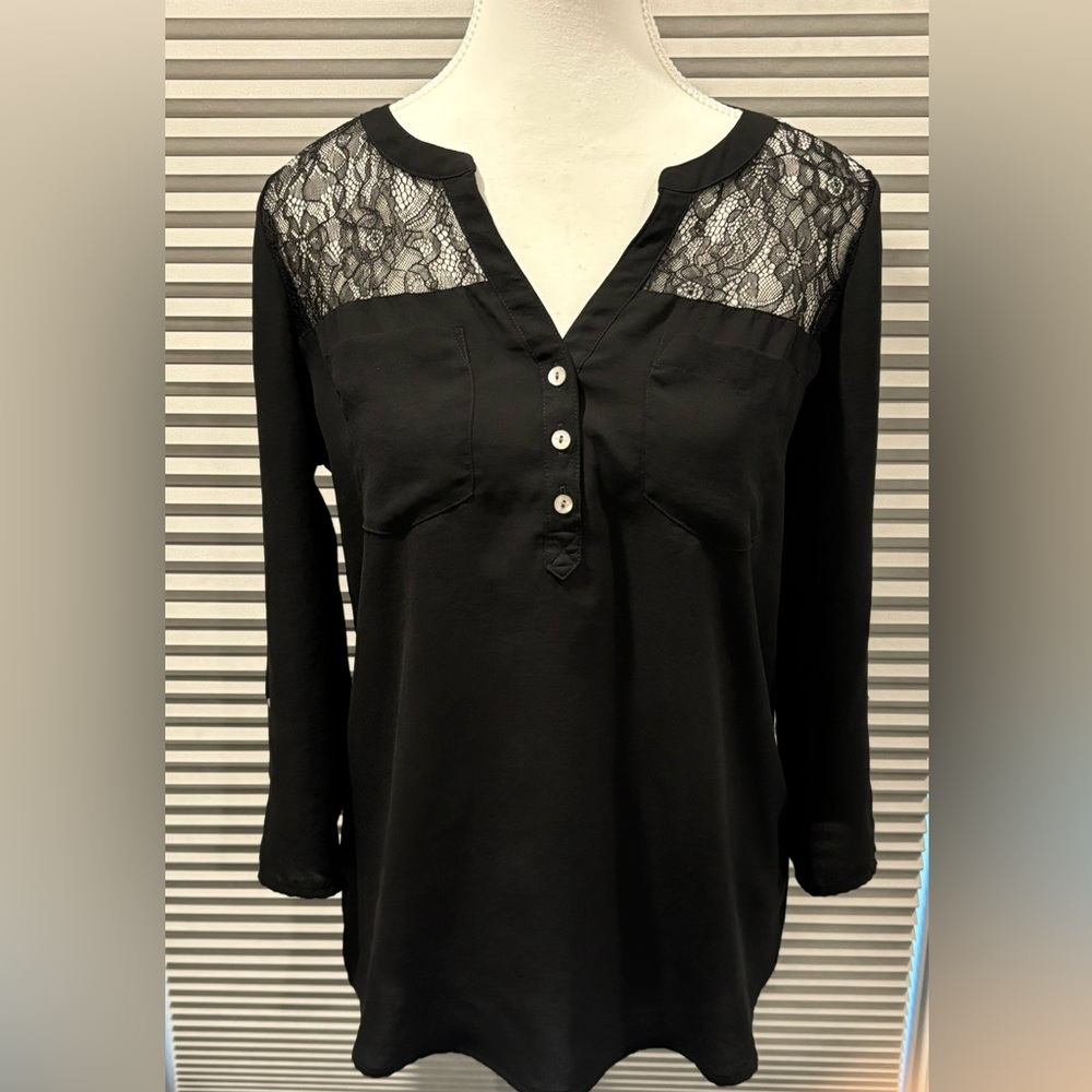 Express‎ Size Small/petite Black Lace Backing Long Sleeve Shirt Work Church Xmas
